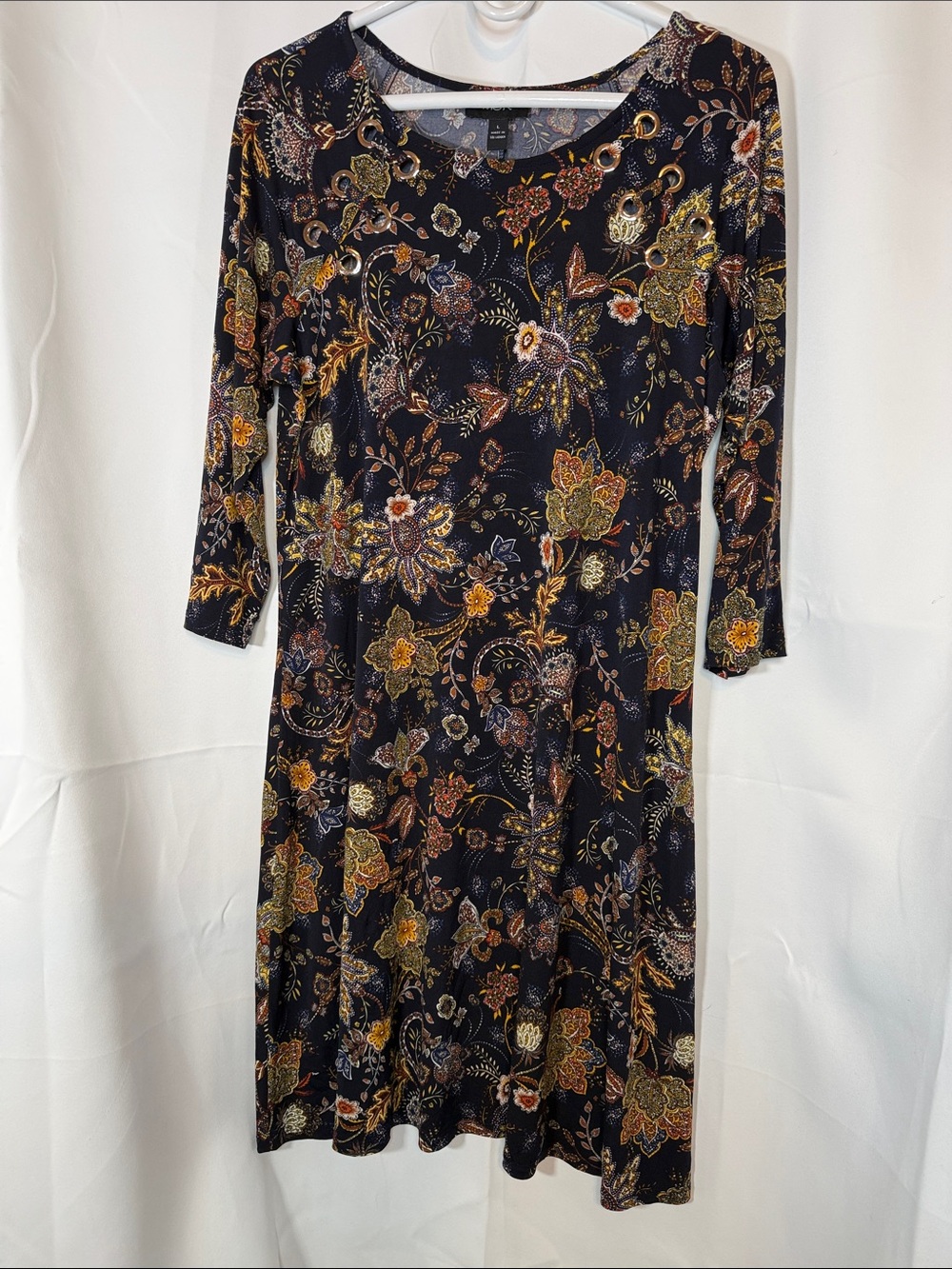 MSK Black Floral-Print Long Sleeve Dress with Gold and Brown Accents